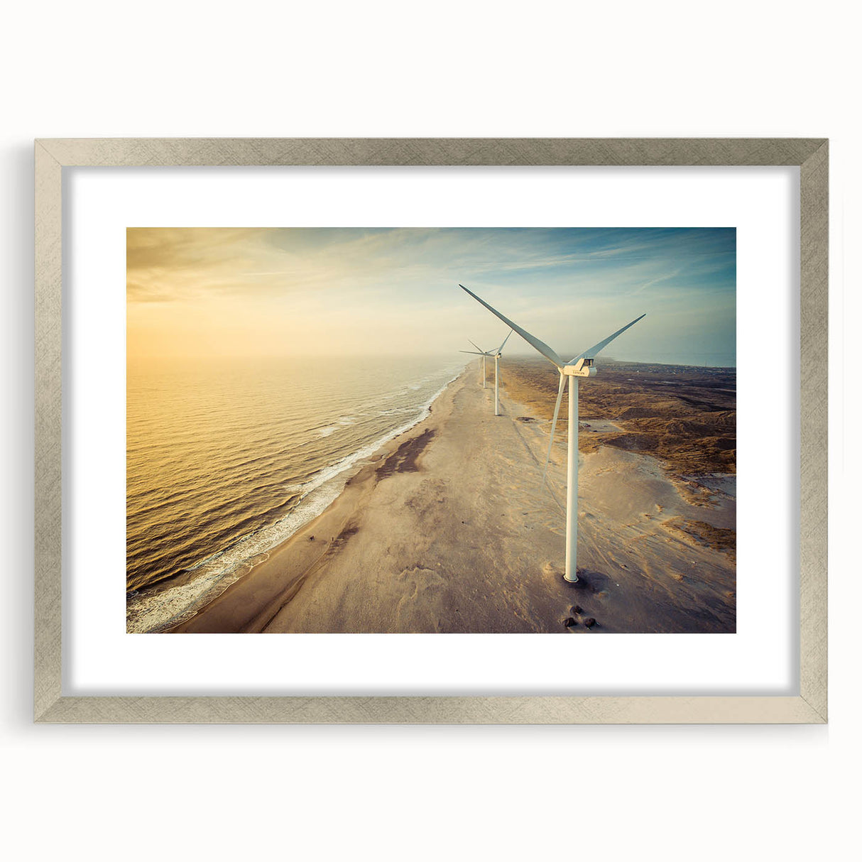 Extra large abstract art print featuring textured scenery of Denmark in muted earth tones, framed in silver.