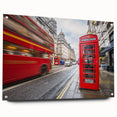Acrylic print of London skyline in muted gray and blue tones, suitable for dining room decor.
