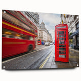 Acrylic print of London skyline in muted gray and blue tones, suitable for dining room decor.