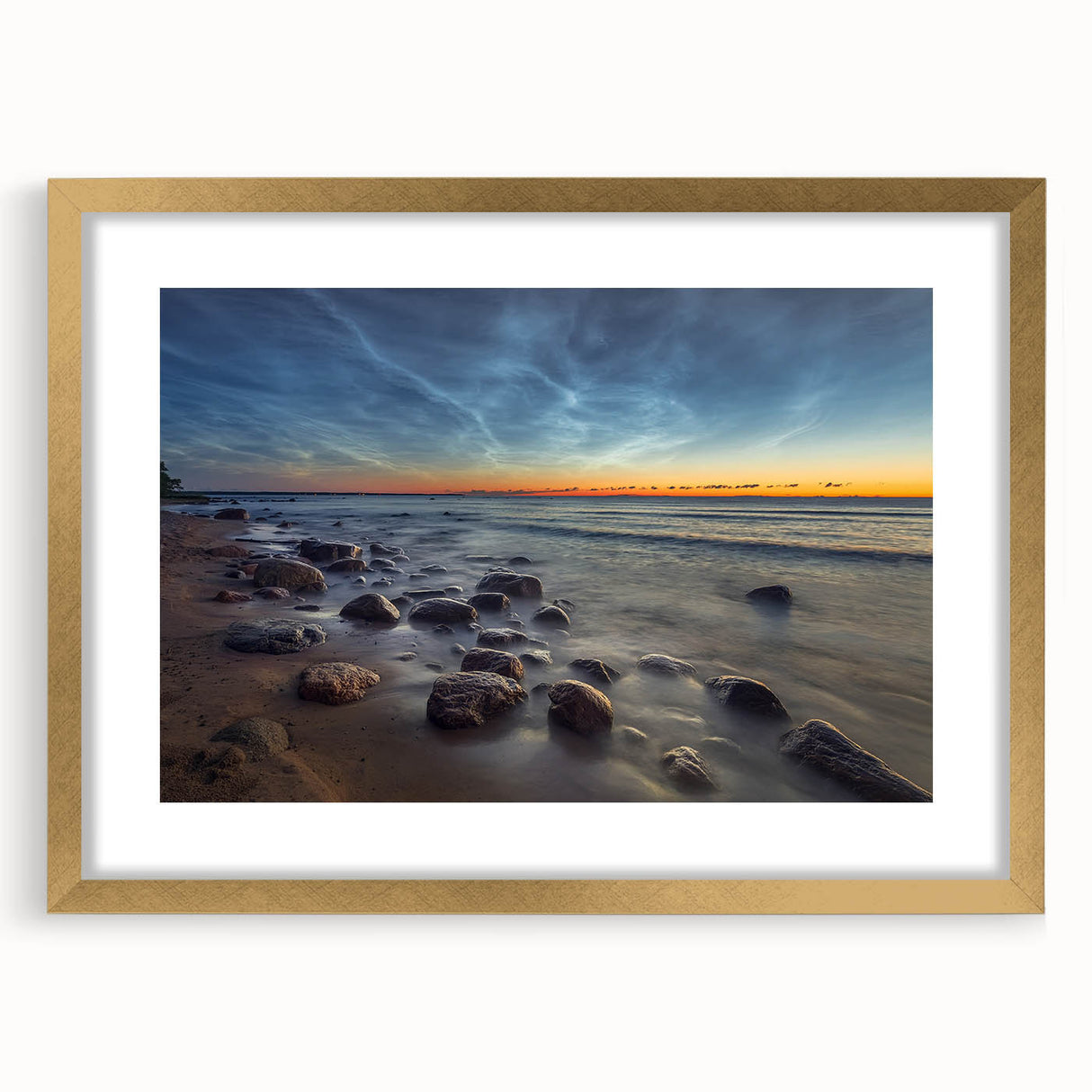 Abstract art print of a European landscape in muted earth tones, framed in gold, suitable for dining room decor.