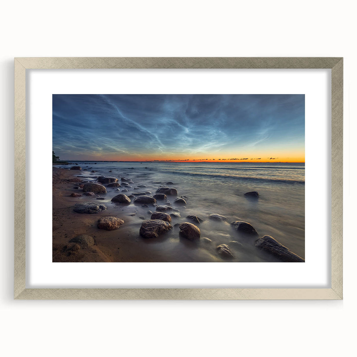 Extra large abstract art print featuring a textured scenery of Estonia in muted earth tones, framed in silver.