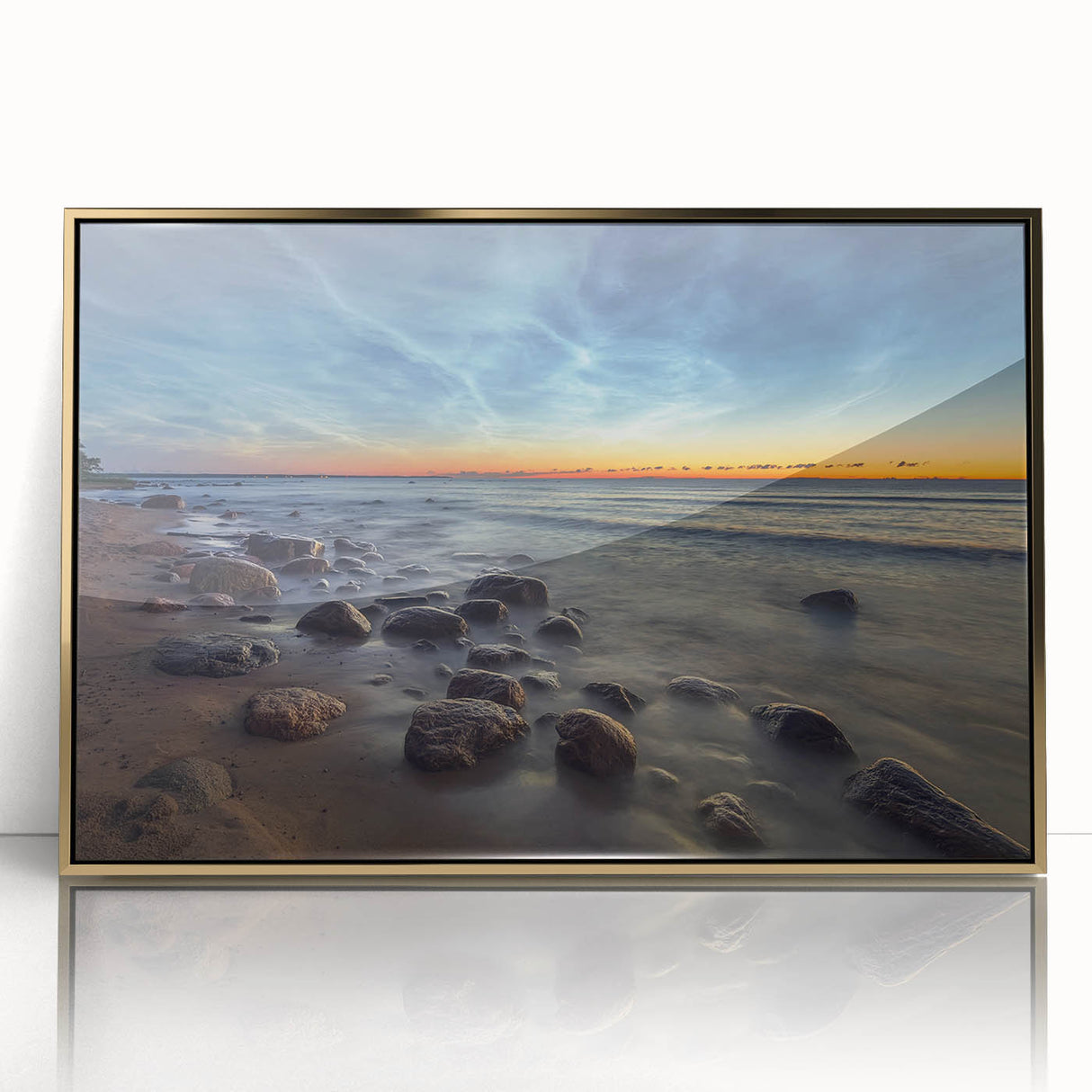 Framed acrylic print of a European scenic view in art deco style, with gold tones, ideal for modern nursery wall art.