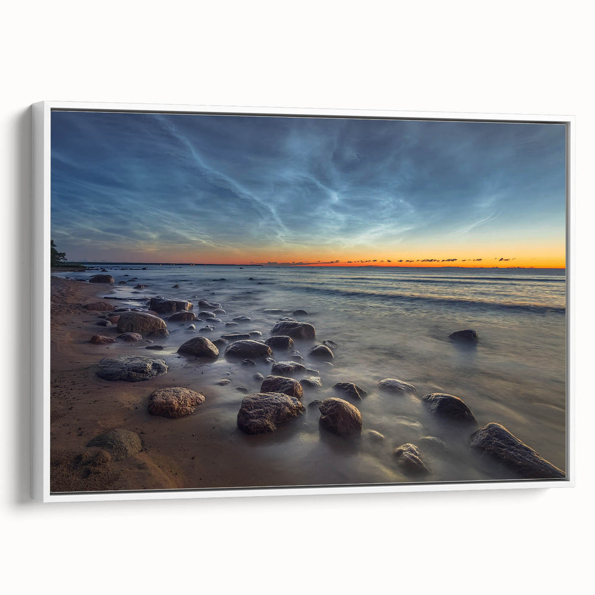 Vintage poster art of an Estonian landscape on a framed canvas, featuring vibrant colors against a black background.