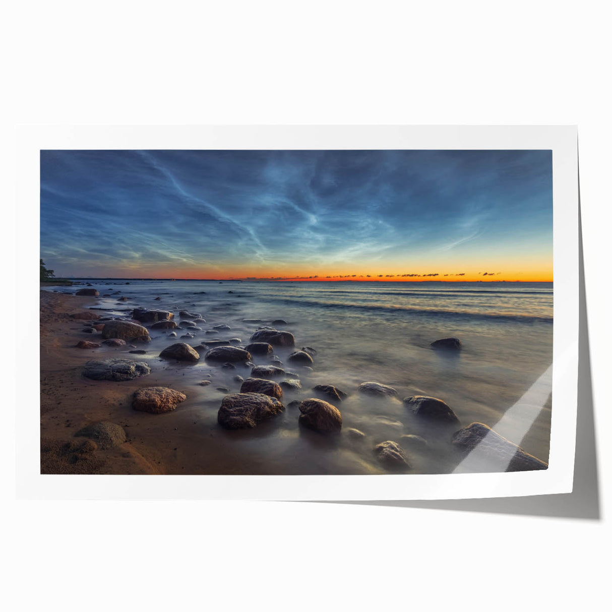 Rolled print of a European Estonian landscape with vibrant green and blue tones, suitable for dining room wall art.