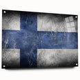 Acrylic print of a serene Finnish landscape in muted blue and green tones, ideal for dining room decor.