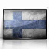 Large abstract wall art depicting a serene Finnish landscape in muted earth tones, framed in black acrylic.