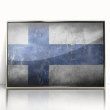 Framed acrylic print of a serene Finnish landscape in muted blues and greens, ideal for modern art wall decor.