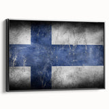 Black and white framed canvas featuring a vintage-style landscape of Finland, ideal for bedroom wall art.