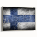Landscape art painting of a serene Finnish scenery on a framed canvas, featuring muted earth tones.