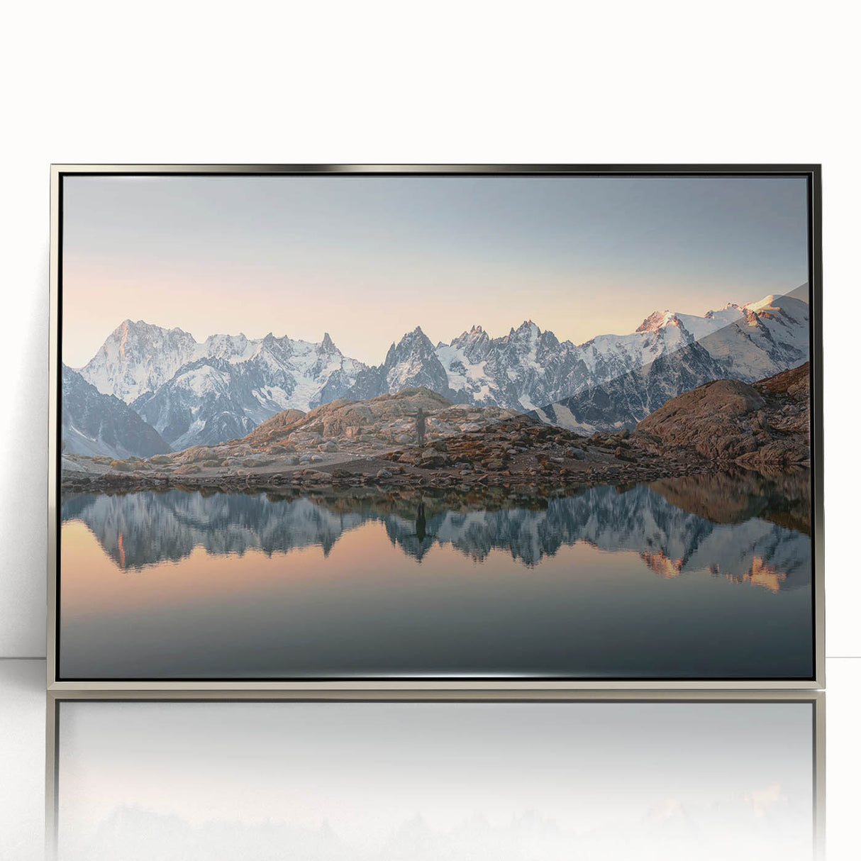 Large art print of the French Alps in muted earth tones on a silver-framed acrylic, ideal for modern art wall decor.