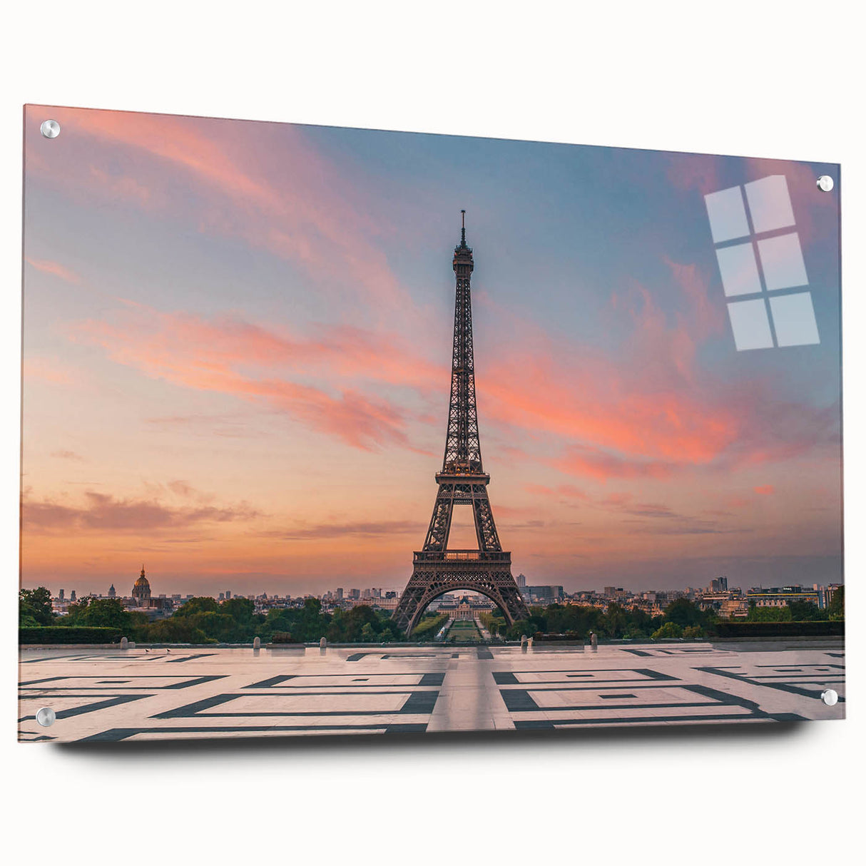 Acrylic print of a Parisian streetscape in muted earth tones, ideal for dining room decor.