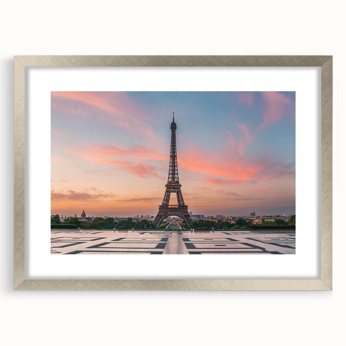 Extra large abstract art print of Paris scenery in muted gray tones on a framed canvas, ideal for living room decor.