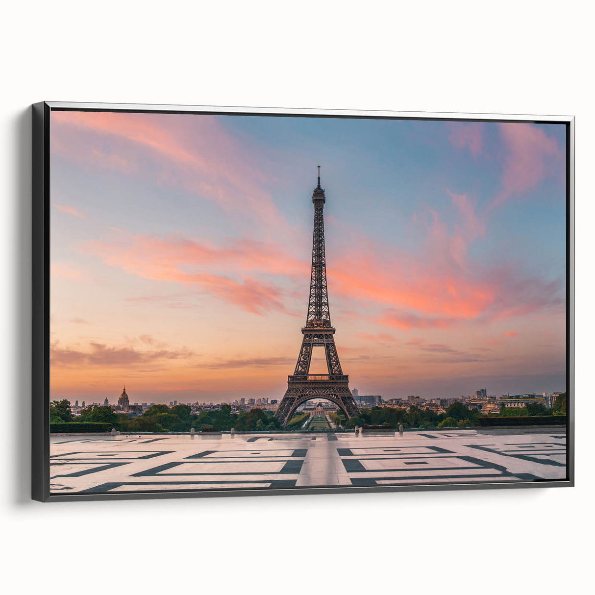 Black and white framed canvas of a vintage Paris landscape, ideal for bedroom wall art.