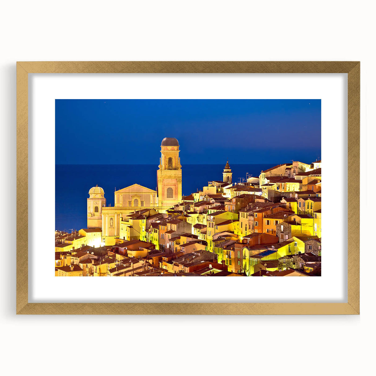 Abstract art print of Provence landscape in muted earth tones, framed in gold, suitable for dining room decor.