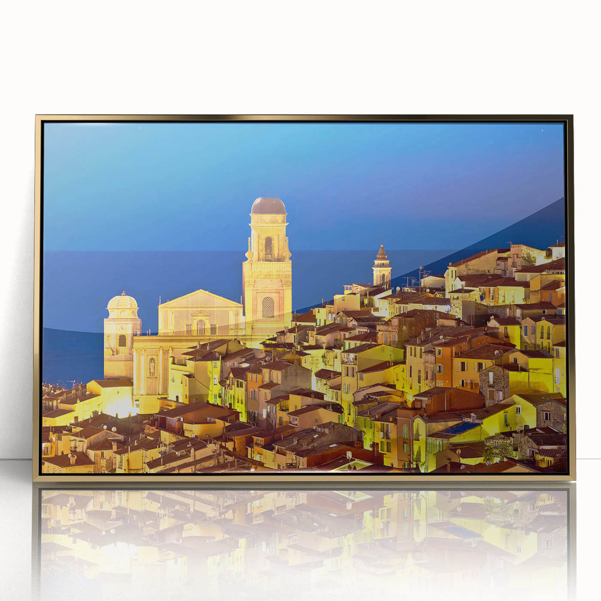 Art deco poster of a Provence, France scenery in muted gold and green tones, acrylic framed, ideal for modern art wall decor.