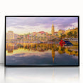 Large abstract wall art depicting a vibrant European landscape in acrylic, framed in black.