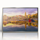 Large acrylic print of a South France landscape in muted earth tones, framed in silver, suitable for modern art wall decor.