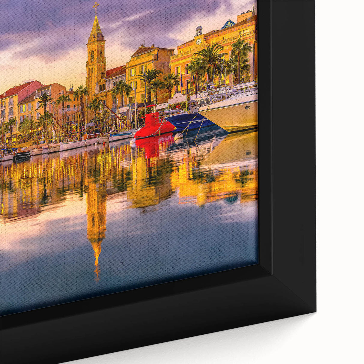 Extra large framed canvas featuring a textured depiction of a black and colorful South France scenery.