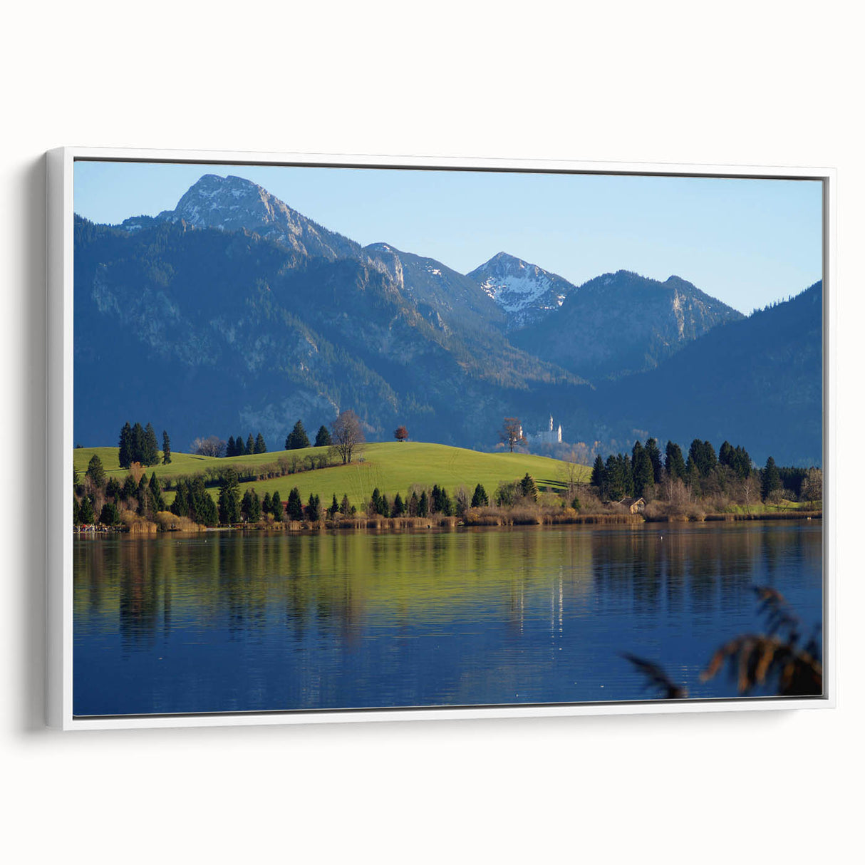 Extra large framed canvas of a vintage poster art depicting colorful Bavarian scenery, ideal for living room decor.