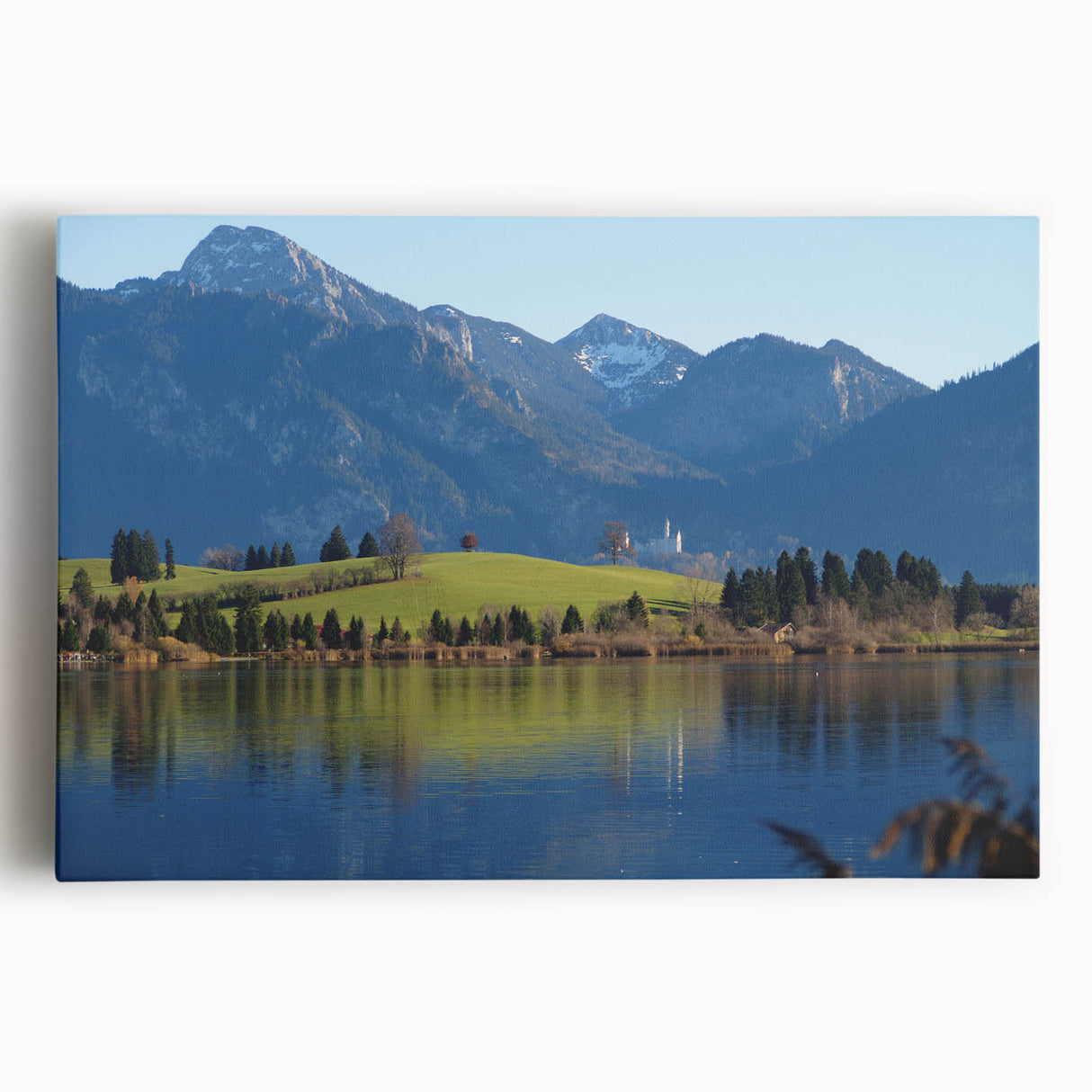 Black and white photograph of Bavarian landscape on stretched canvas, ideal for kitchen wall art.