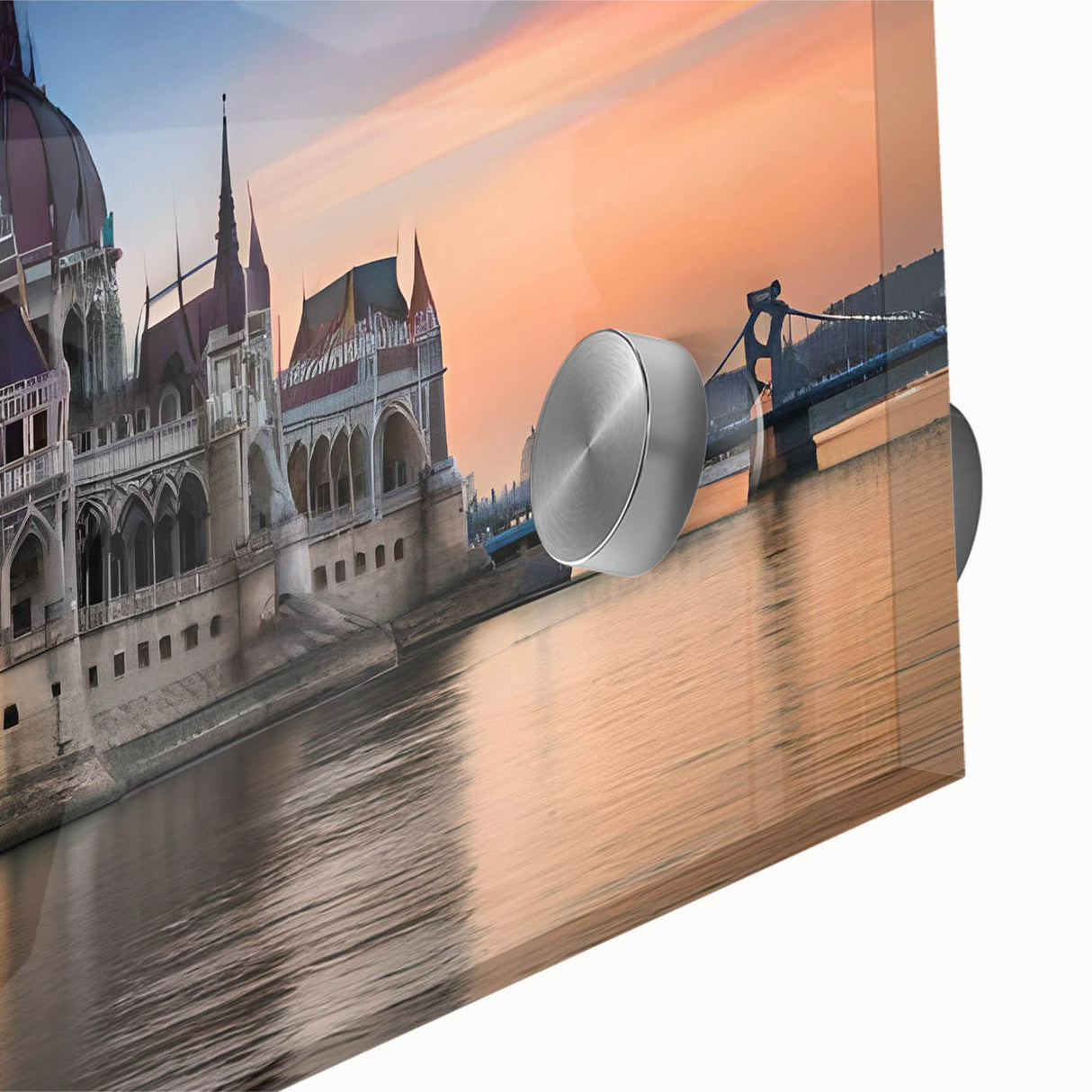 Large abstract wall art of a European scenery on acrylic glass, in mid-century modernist style.