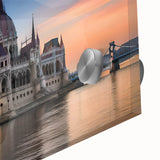 Large abstract wall art of a European scenery on acrylic glass, in mid-century modernist style.