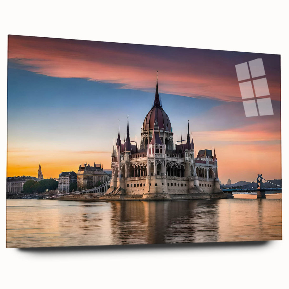 Large abstract wall art depicting a European scenery in muted earth tones on acrylic glass.