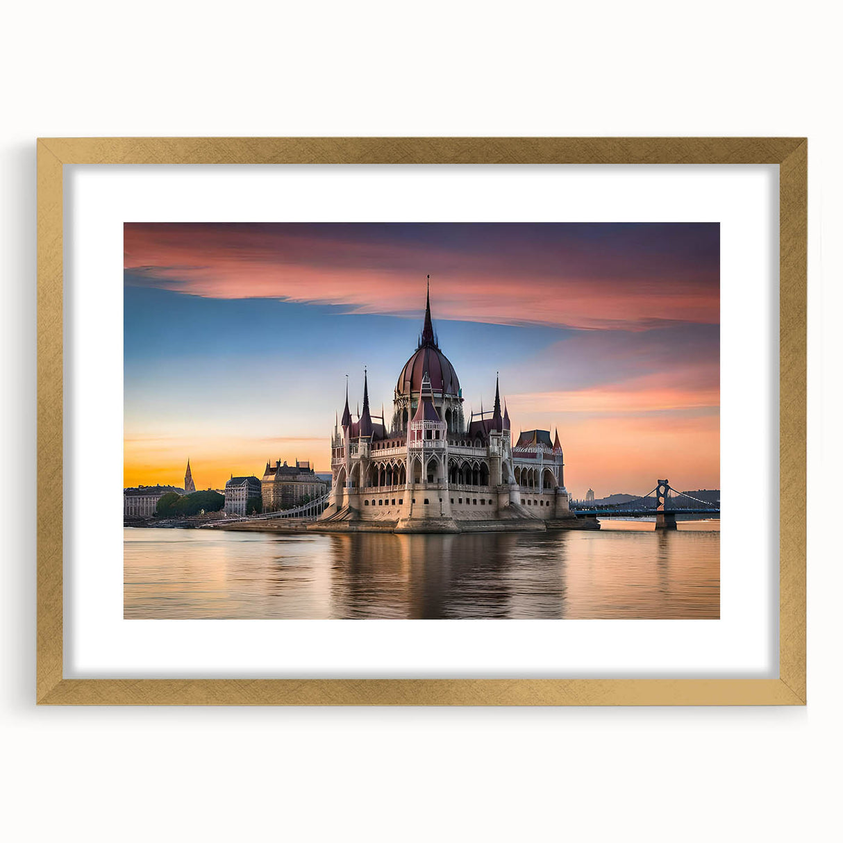 Abstract art print of a European landscape in gold frame, with muted earth tones, ideal for dining room decor.