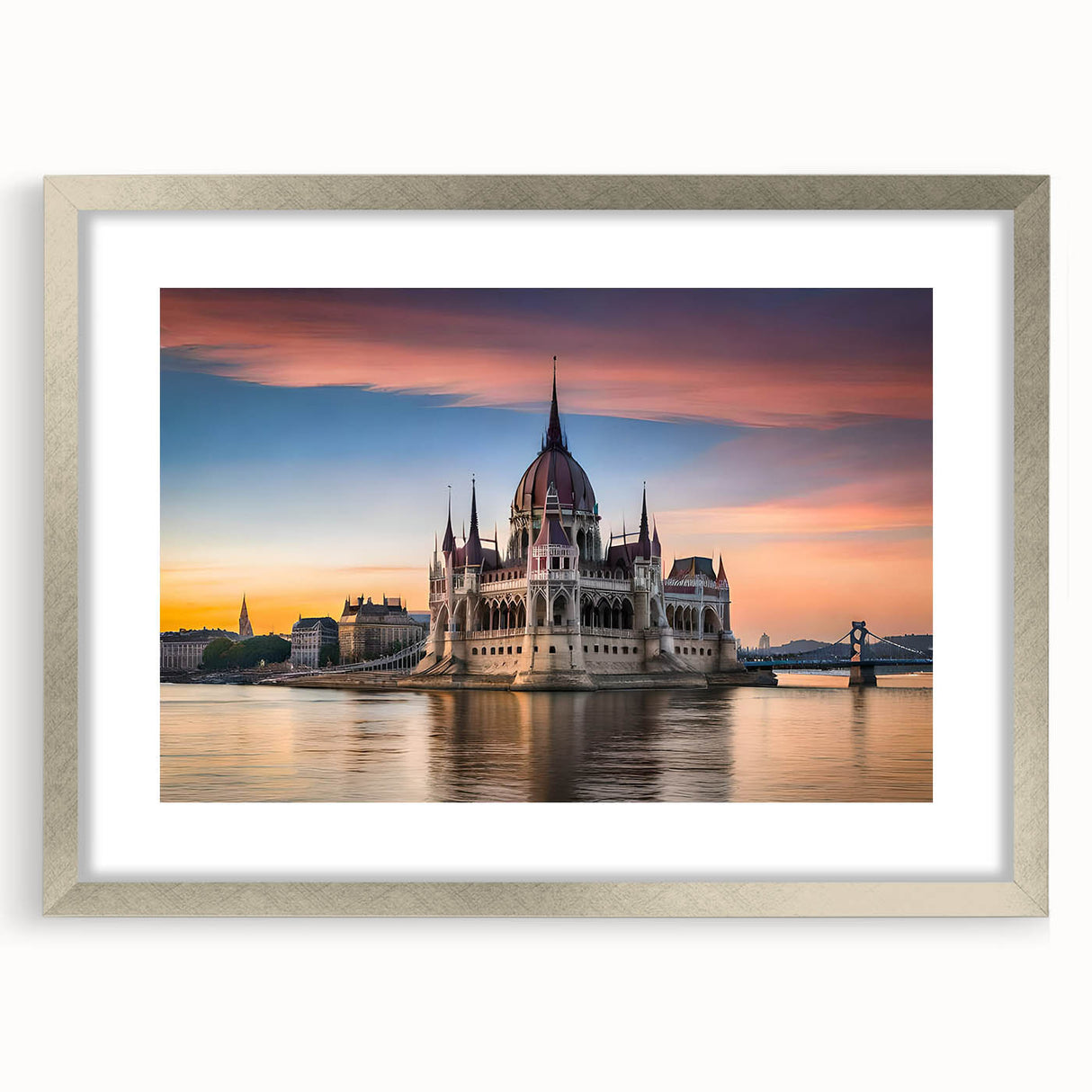 Extra large wall art featuring abstract European scenery in muted earth tones, framed in silver, ideal for living room decor.