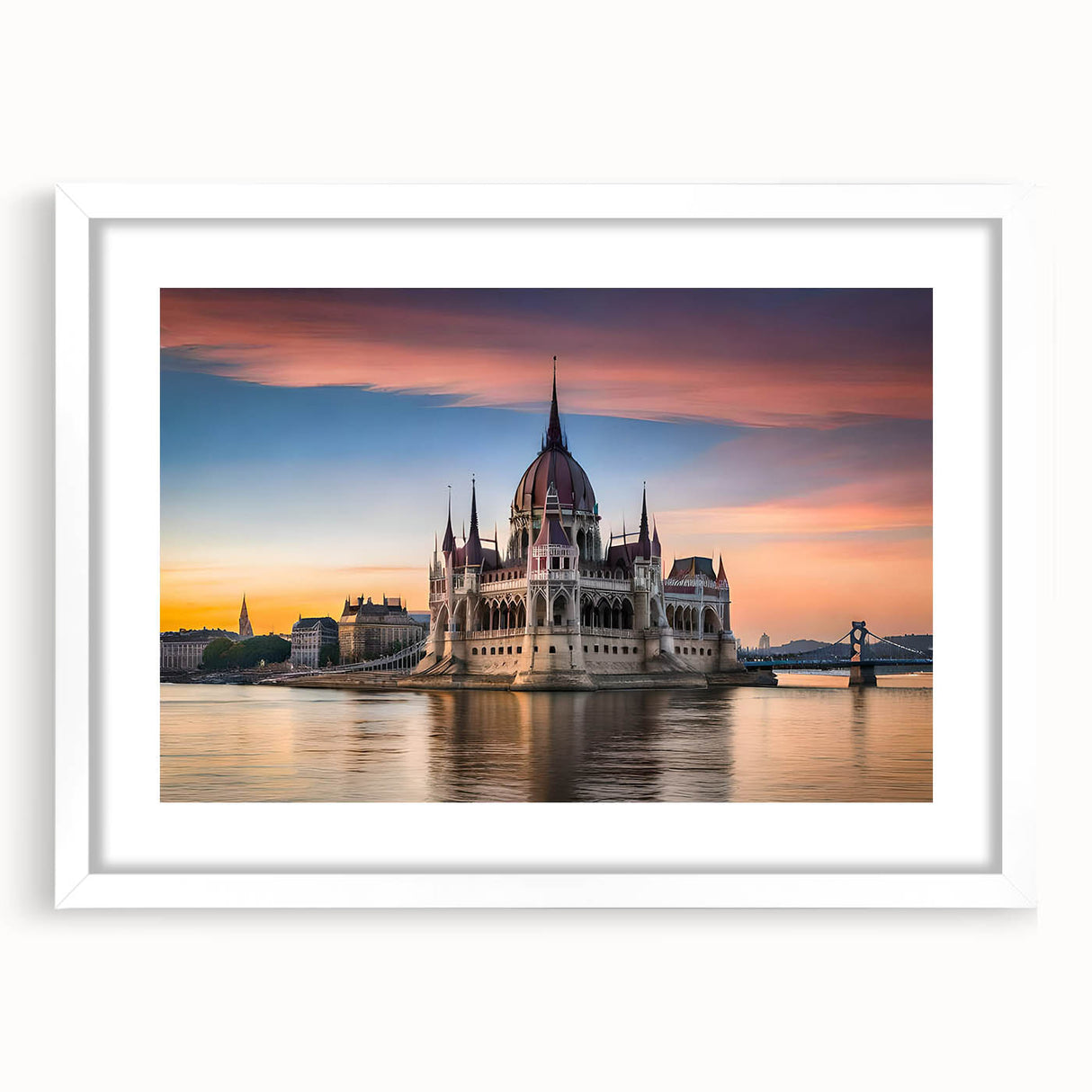 Textured abstract art print depicting a European scenery in muted earth tones, framed with a white mat.