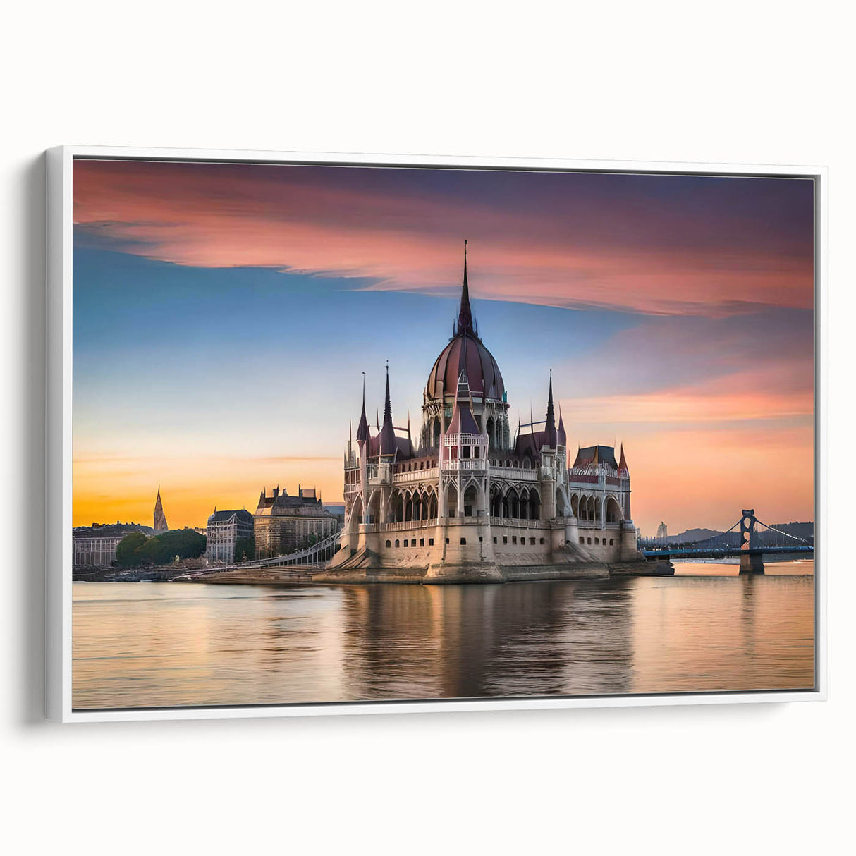 Vintage poster art of a European scenery in Hungary, depicted in colorful art on extra large framed canvas.