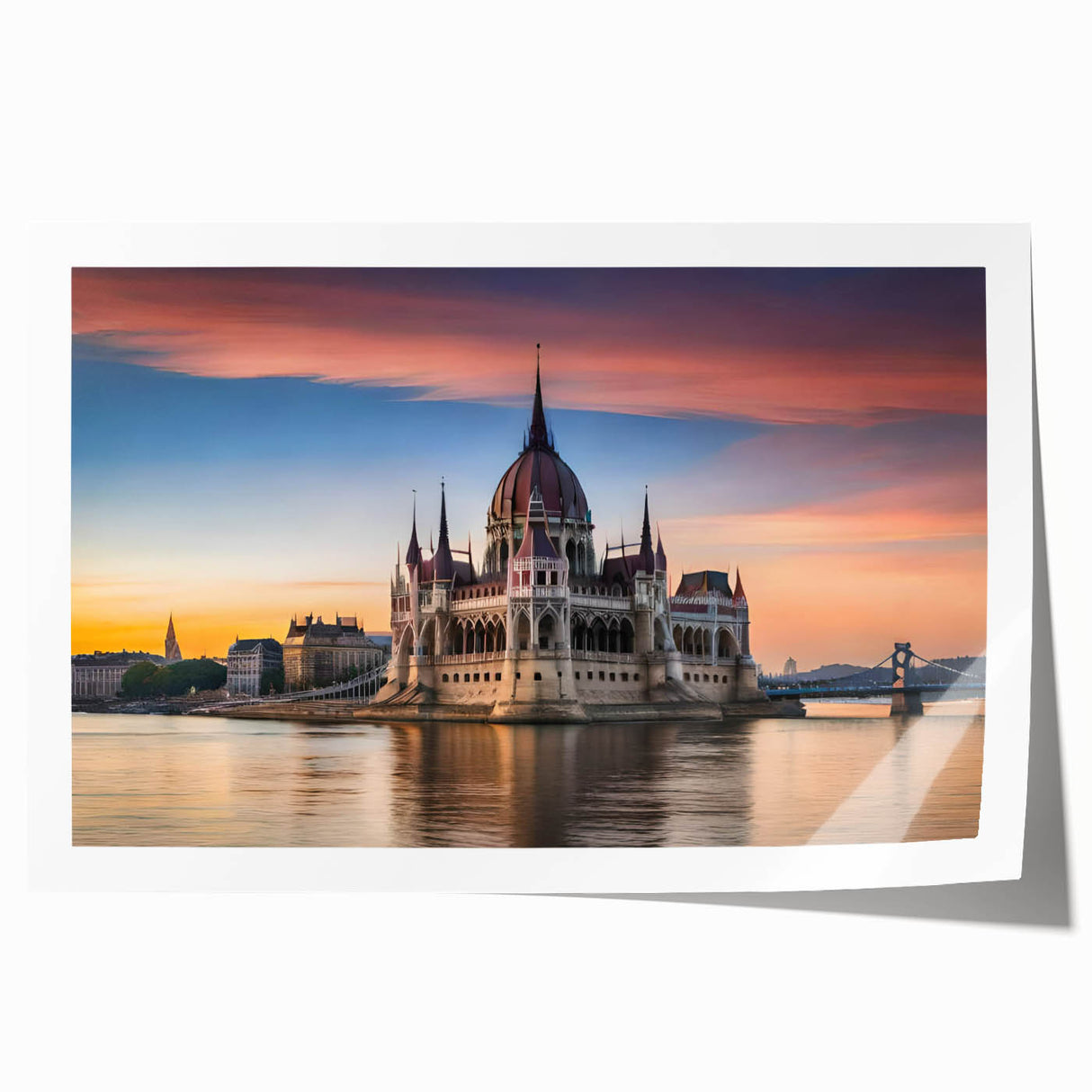 Rolled print of a European landscape with lush greenery and a river, in soft natural tones.
