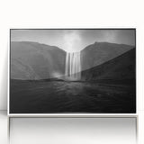 Mid-century modernist art of an Icelandic landscape in muted earth tones on a framed acrylic, ideal for nursery wall decor.