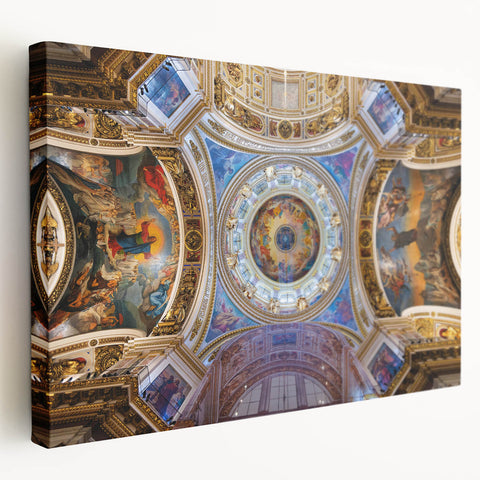 Side view of a stretched canvas depicting a scenic European landscape in Rome with muted earth tones.