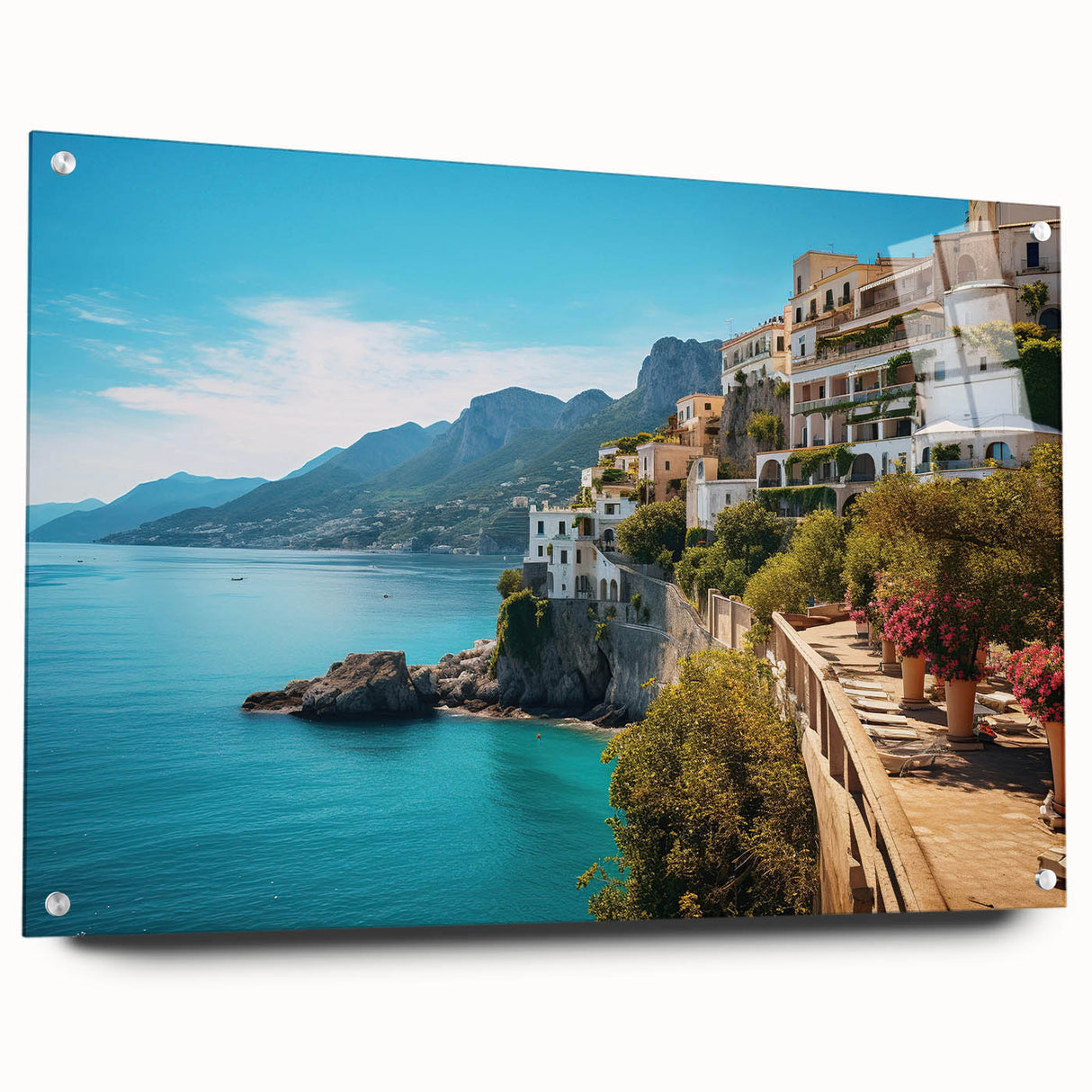 Acrylic print of a Sicilian landscape in muted earth tones, ideal for dining room decor.
