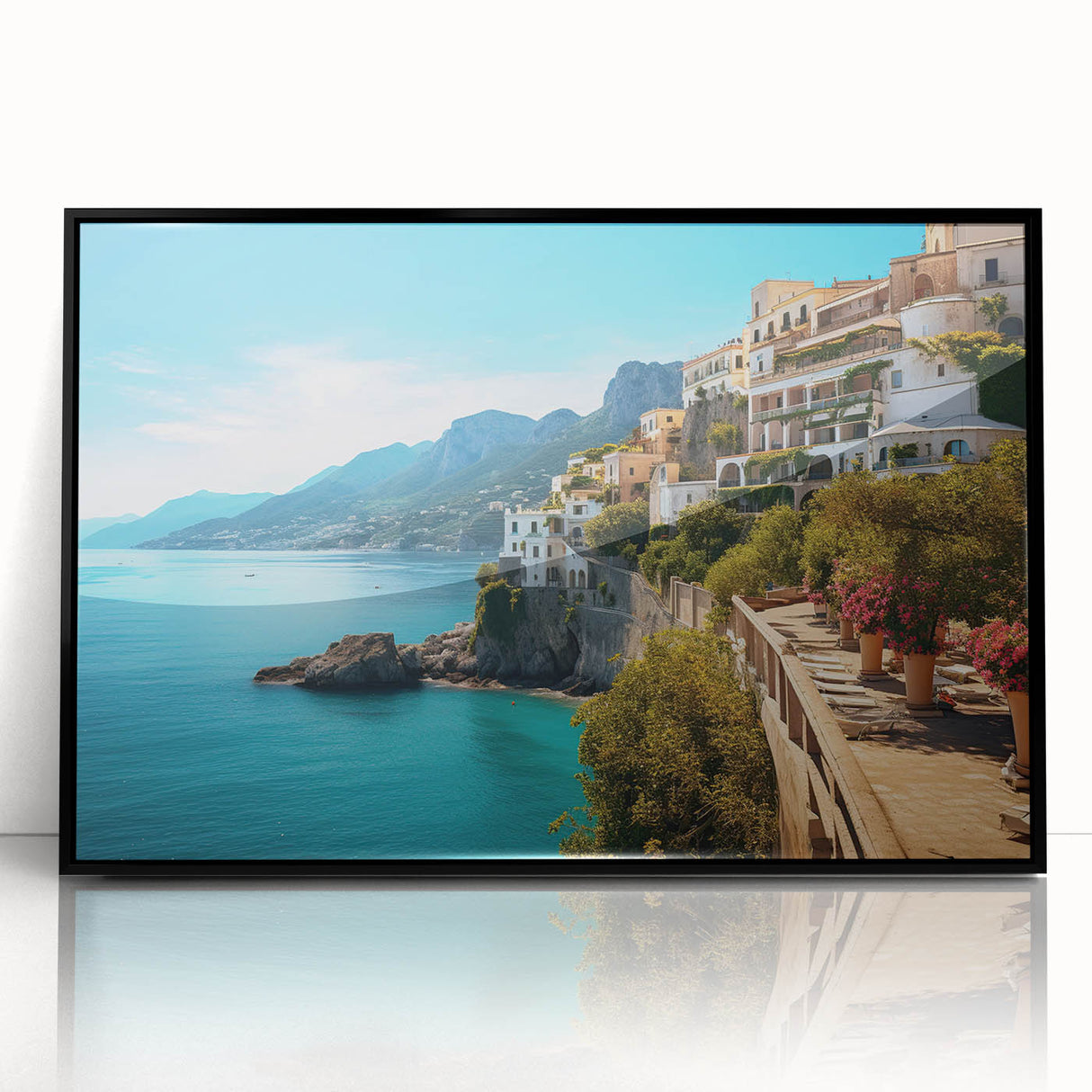 Large abstract wall art depicting a Sicilian landscape in muted earth tones, framed in black acrylic.