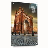 Acrylic print of a large abstract depiction of Barcelona with vibrant hues of blue and orange, ideal for dining room decor.