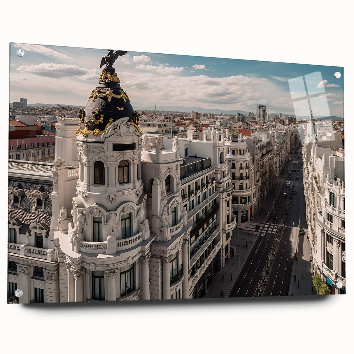Acrylic print of a large abstract depiction of Madrid's skyline in muted earth tones.