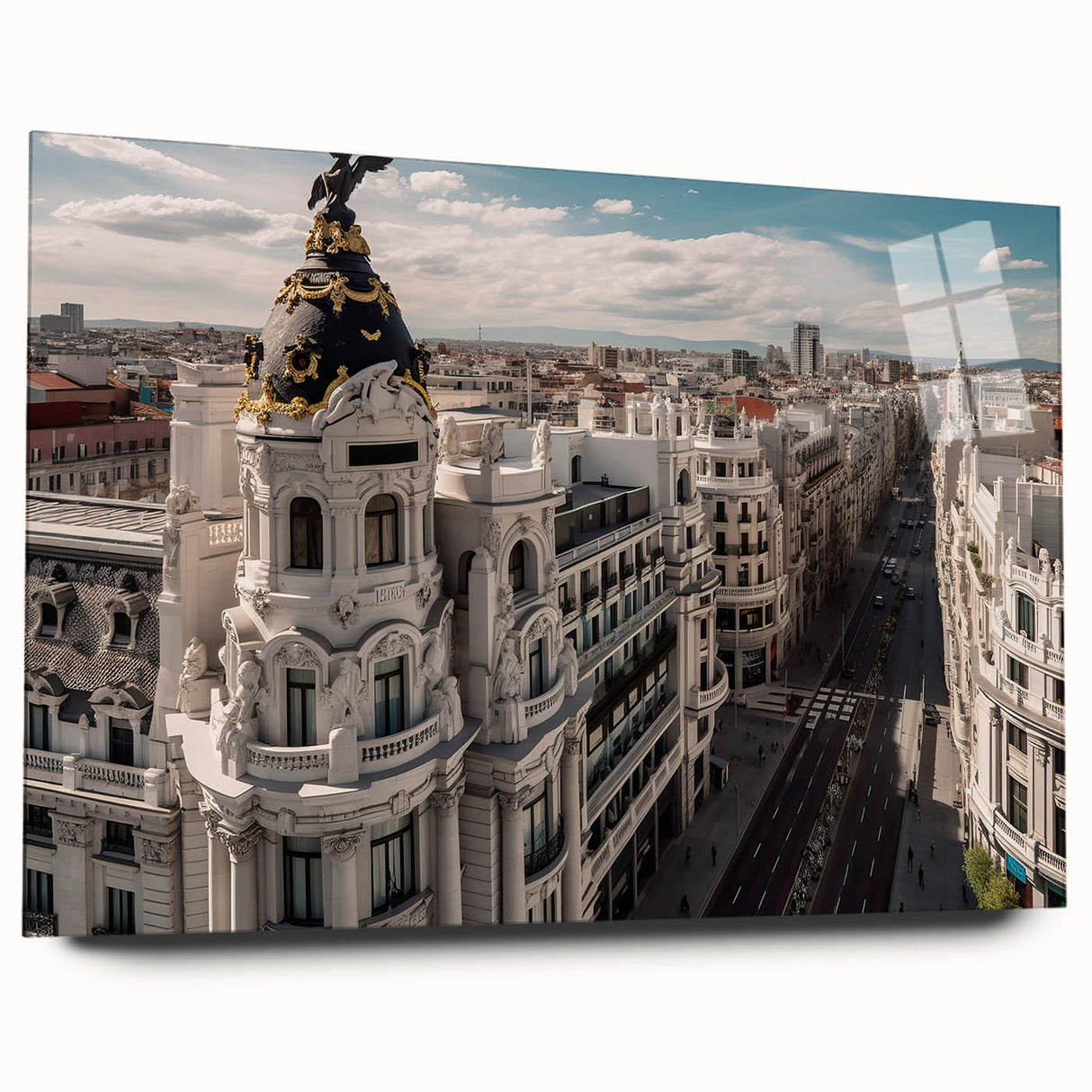 Large abstract wall art of Madrid cityscape in acrylic glass, ideal for bedroom or dining room ambiance.