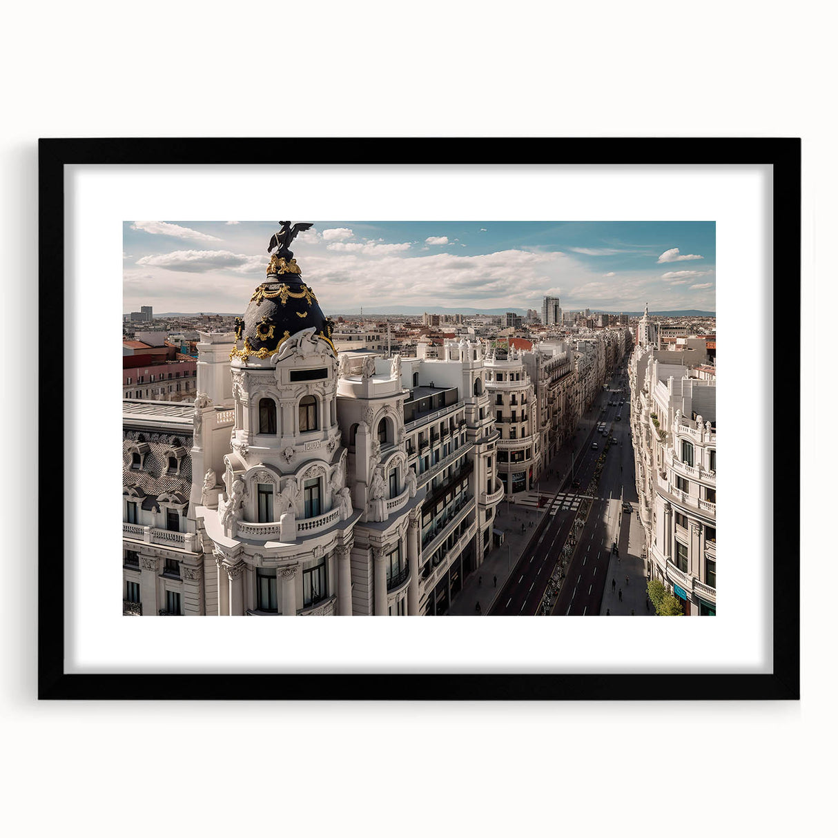 Extra large canvas print of abstract Madrid cityscape in vibrant, colorful hues, ideal for living room decor.