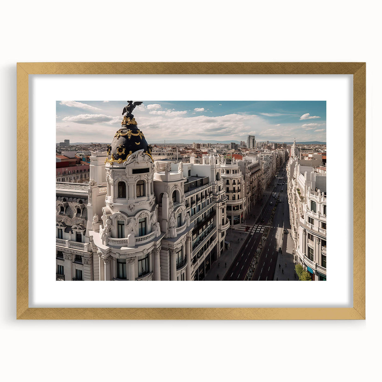 Abstract art print of Madrid skyline in textured gold tones on a large framed canvas, ideal for living room decor.