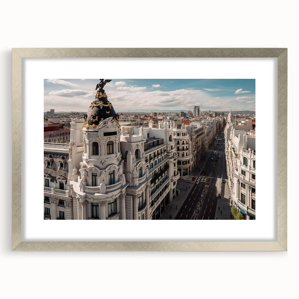 Textured abstract art print of Madrid scenery in muted earth tones on a silver-framed mat, ideal for bedroom art.