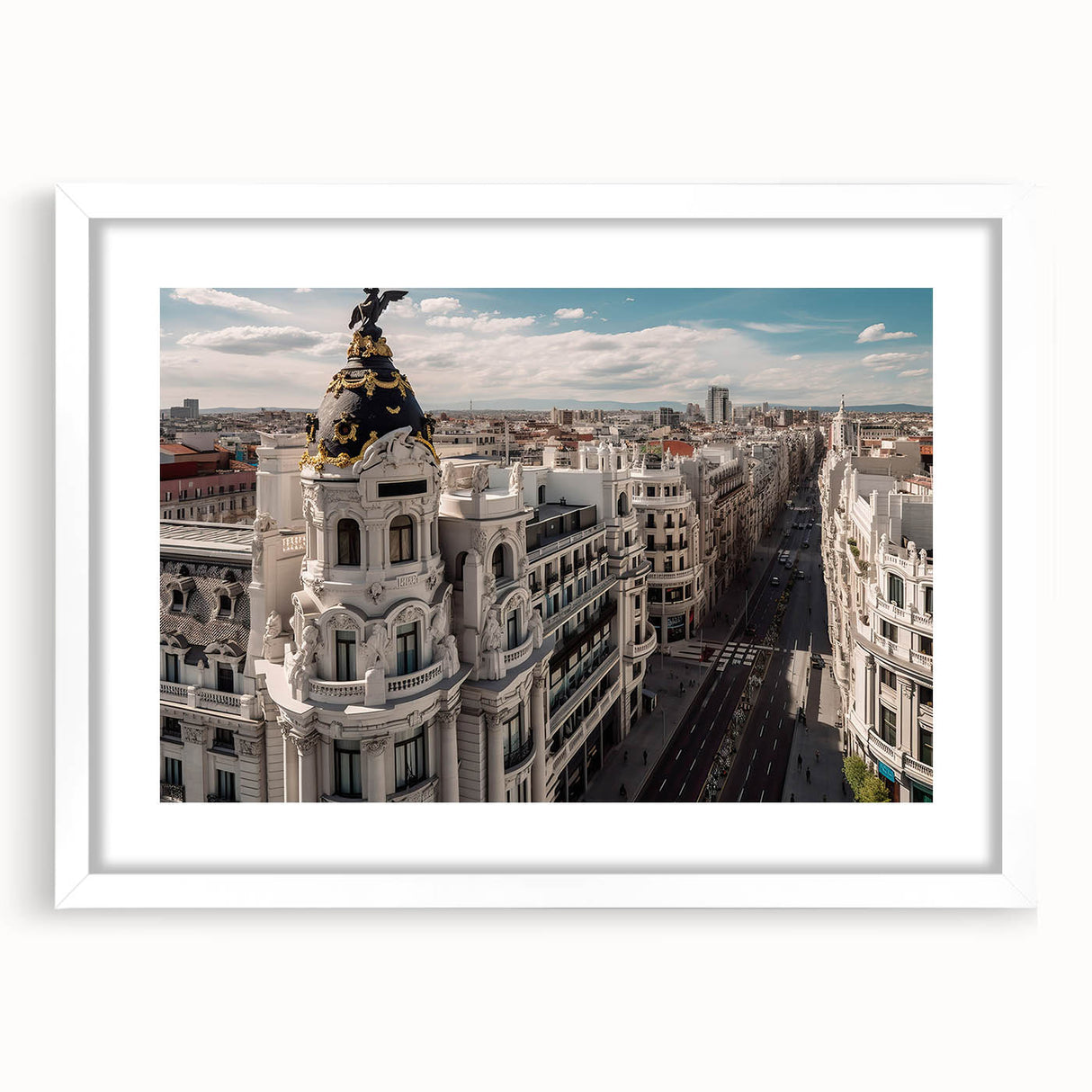Abstract art print of Madrid with vibrant blue and orange tones on a framed white mat, suitable for dining room decor.