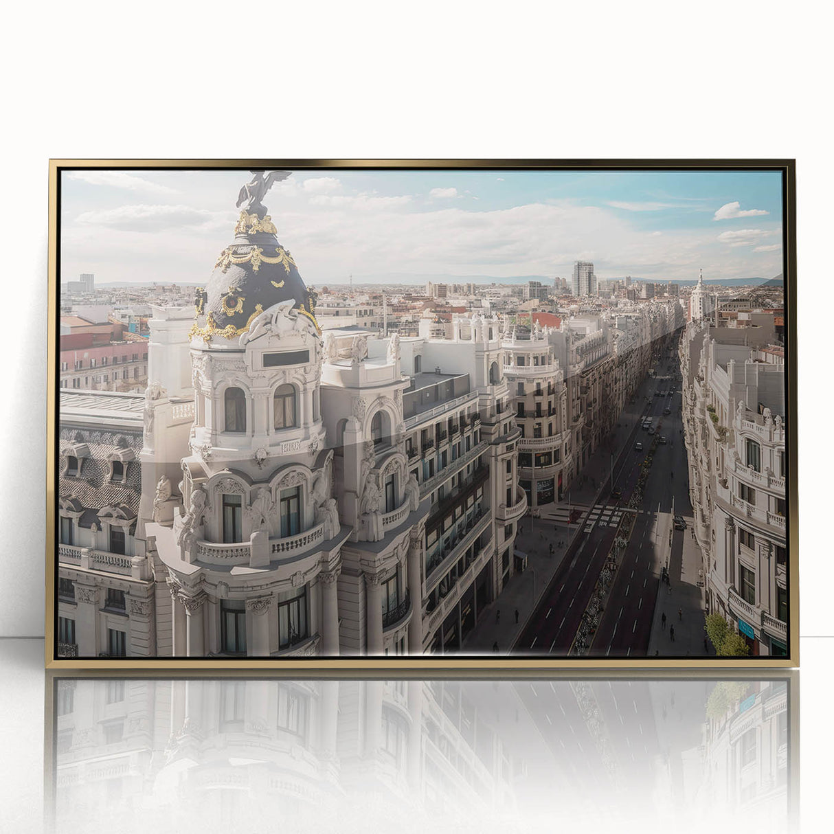 Large art print of Madrid scenery in mid-century modernist style, with gold frame, suited for modern decor.