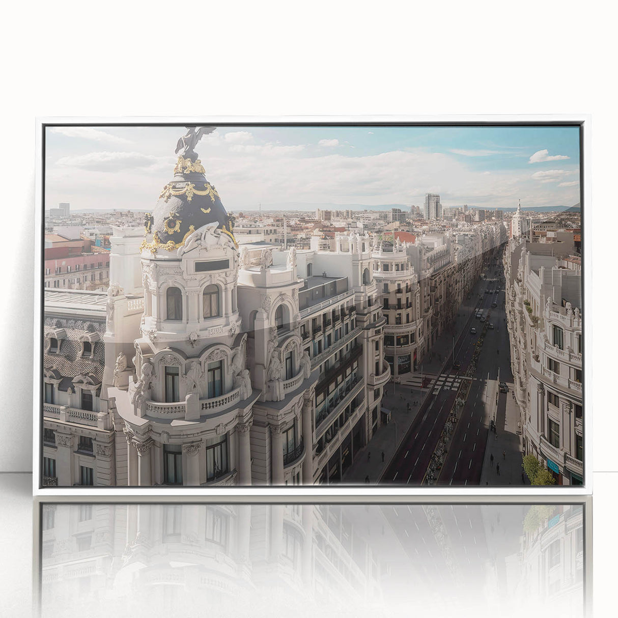 Art deco poster of Madrid scenery in muted earth tones on framed acrylic, ideal for modern art wall decor.
