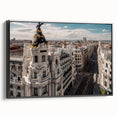 Black and white framed canvas of Madrid landscape in vintage poster style, suitable for bedroom wall decor.