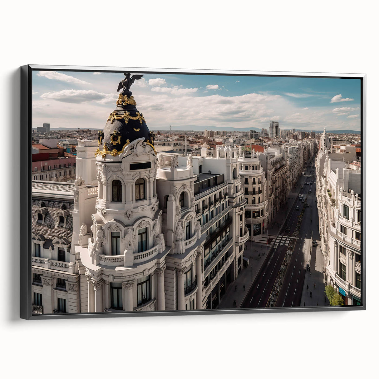 Black and white framed canvas of Madrid landscape in vintage poster style, suitable for bedroom wall decor.