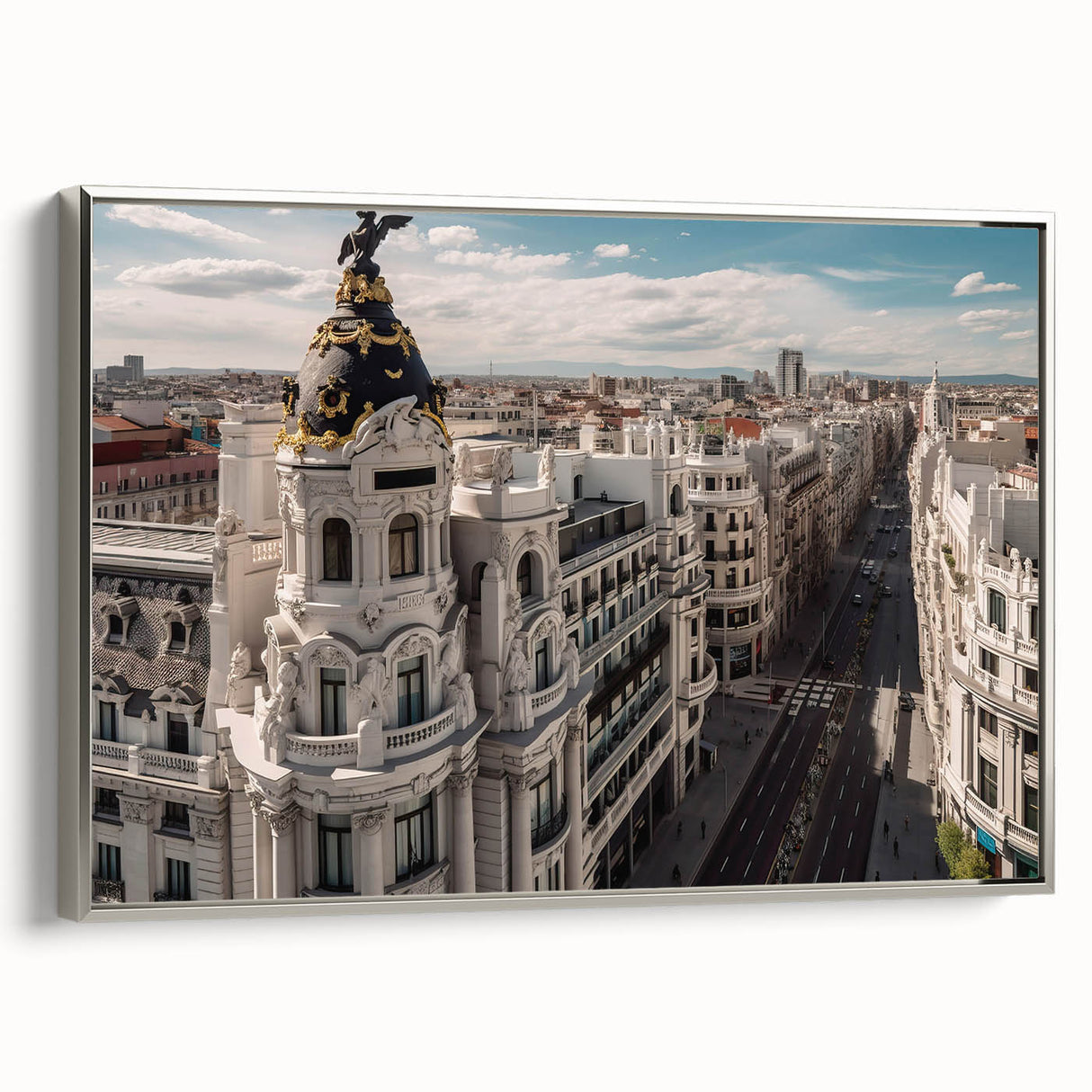 Framed canvas landscape art painting of Madrid with colorful vintage poster art elements, ideal for office decor.