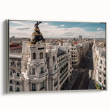 Framed canvas landscape art painting of Madrid with colorful vintage poster art elements, ideal for office decor.
