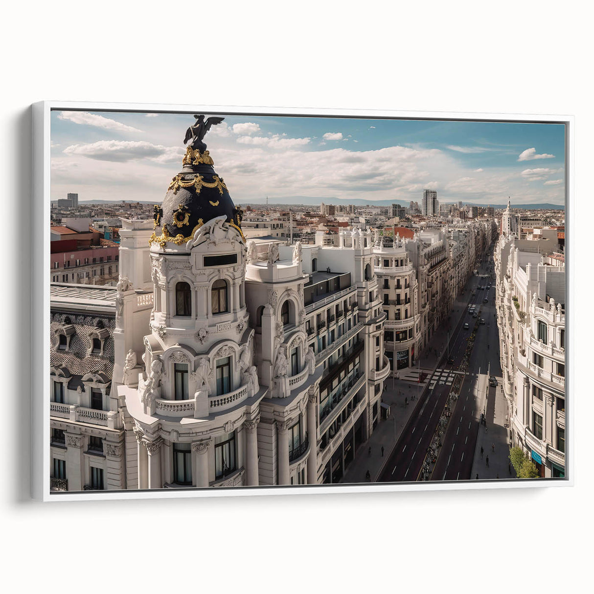 Vintage poster art of Madrid scenery in vibrant colors on a white-framed canvas, suitable for extra large living room wall.